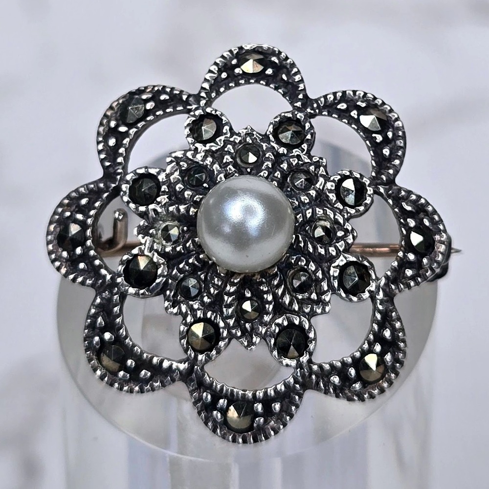 Vintage Sterling Silver Art Deco Marcasite Faux Pearl Flower Brooch Floral 4g